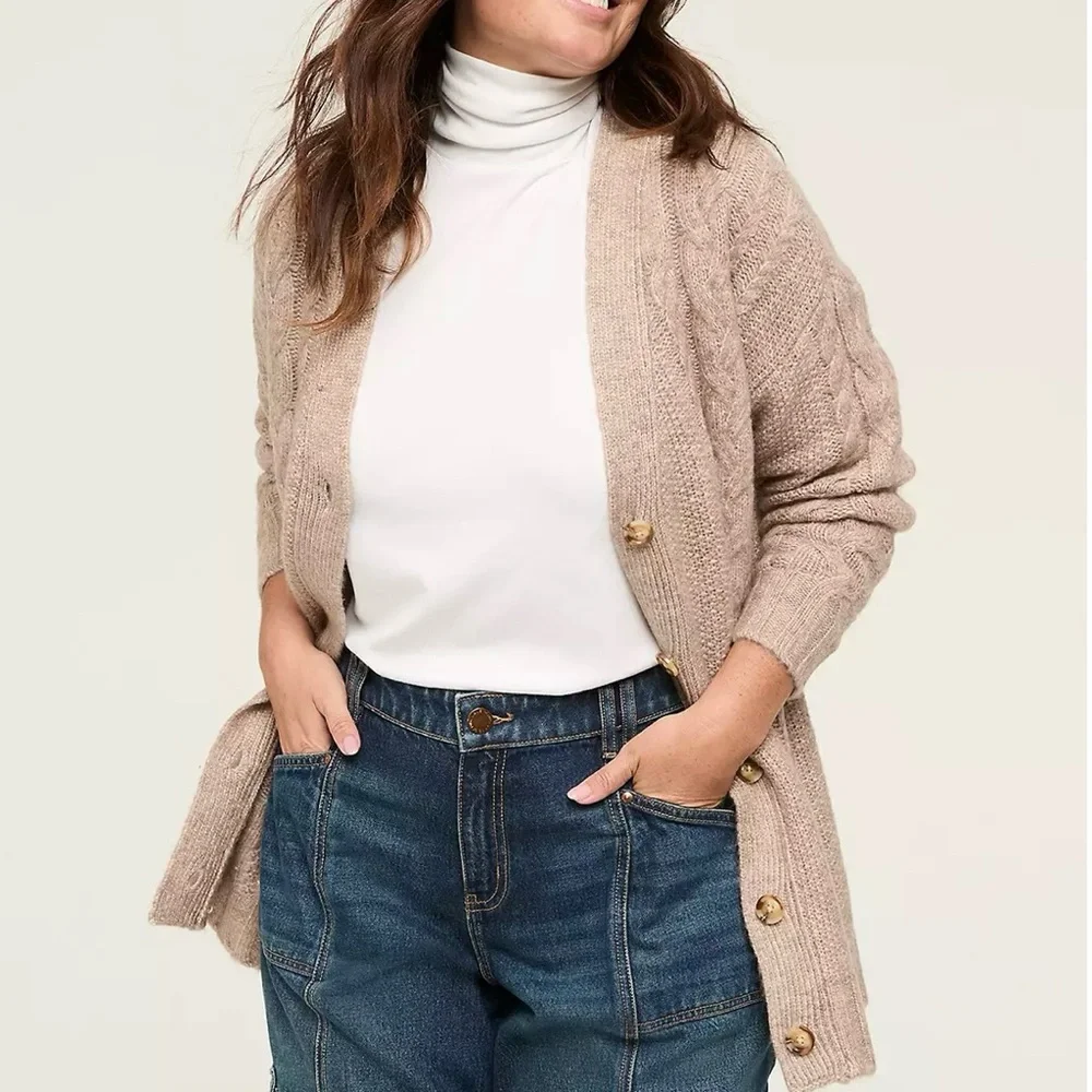 ❌SOLD❌ Lane Bryant Cardigan Sweater Button Size 26-28 Tan Brown Cozy Cable Knit - Picture 3 of 8